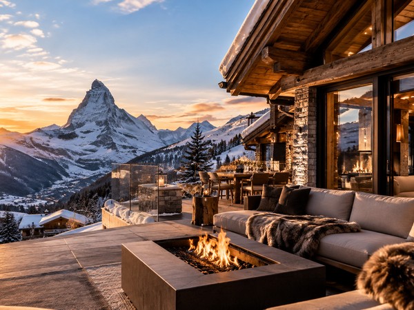 Chalet overlooking the Alps at sunset
